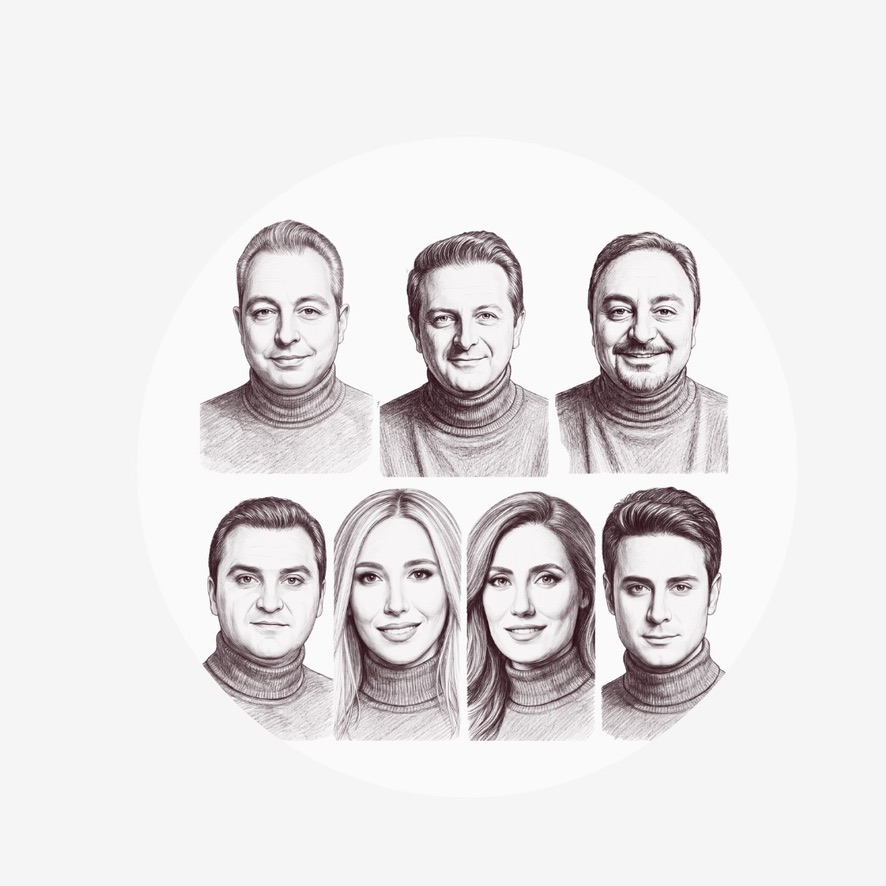 Pencil portraits of the seven members of Arian